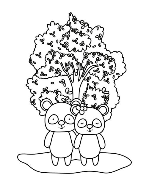 Outline adorable panda couple animal and tree