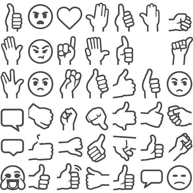 Outline All hand emojis stickers in all skin colors Hand emoticons vector illustration symbols set