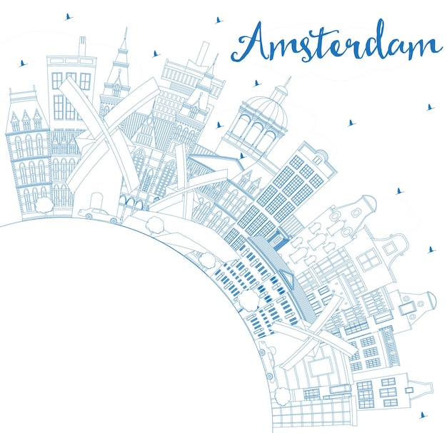 Outline Amsterdam Holland City Skyline with Blue Buildings and Copy Space Vector Illustration Business Travel and Tourism Concept with Historic Architecture Amsterdam Cityscape with Landmarks