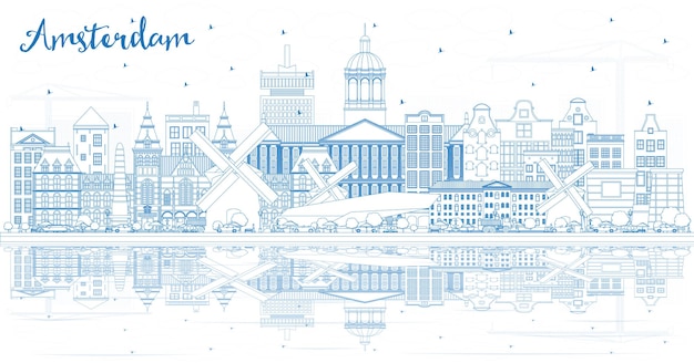 Outline Amsterdam Holland City Skyline with Blue Buildings and Reflections. Vector Illustration. Business Travel and Tourism Concept with Historic Architecture. Amsterdam Cityscape with Landmarks.