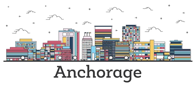 Outline Anchorage Alaska City Skyline with Color Buildings Isolated on White