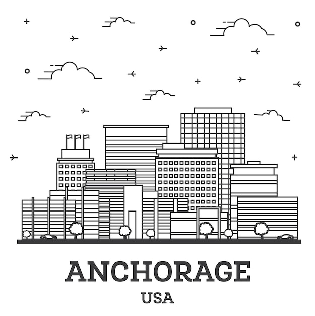 Outline Anchorage Alaska USA City Skyline with Color Buildings Isolated on White