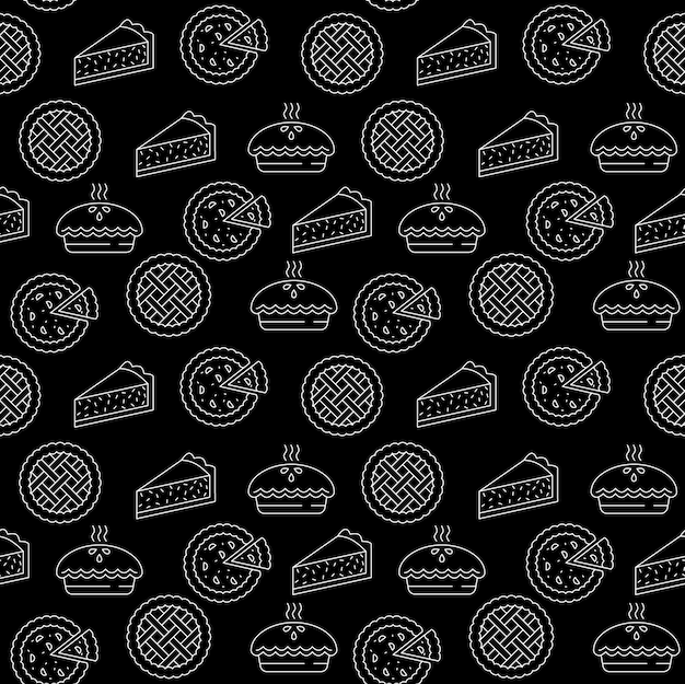 Outline apple pie seamless pattern isolated on black background. esp