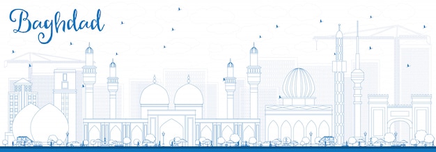 Outline Baghdad Skyline with Blue Buildings banner background