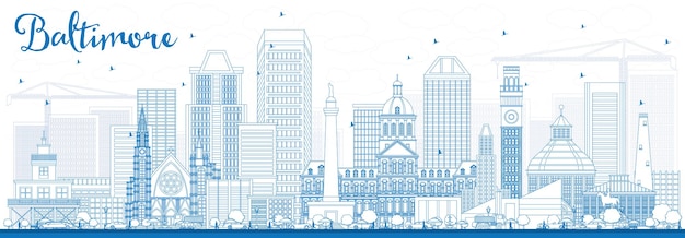 Outline Baltimore Skyline with Blue Buildings. Vector Illustration. Business Travel and Tourism Concept with Modern Architecture. Image for Presentation Banner Placard and Web Site.