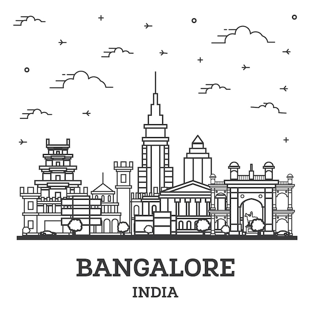 Outline Bangalore India City Skyline with Historic Buildings and Reflections Isolated on White