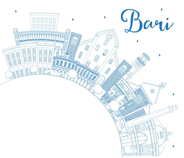 Outline Bari Italy City Skyline with Blue Buildings and Copy Space. Vector Illustration. Business Travel and Tourism Concept with Modern Architecture. Bari Cityscape with Landmarks.