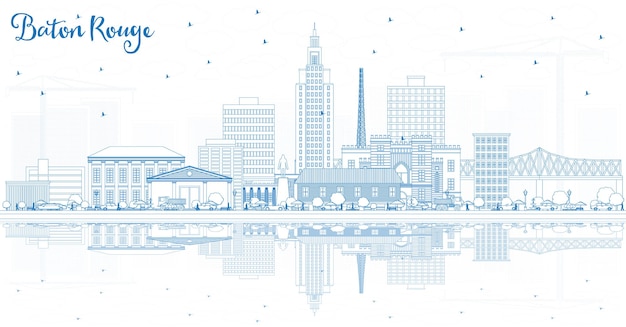 Outline Baton Rouge Louisiana City Skyline with Blue Buildings and Reflections Vector Illustration