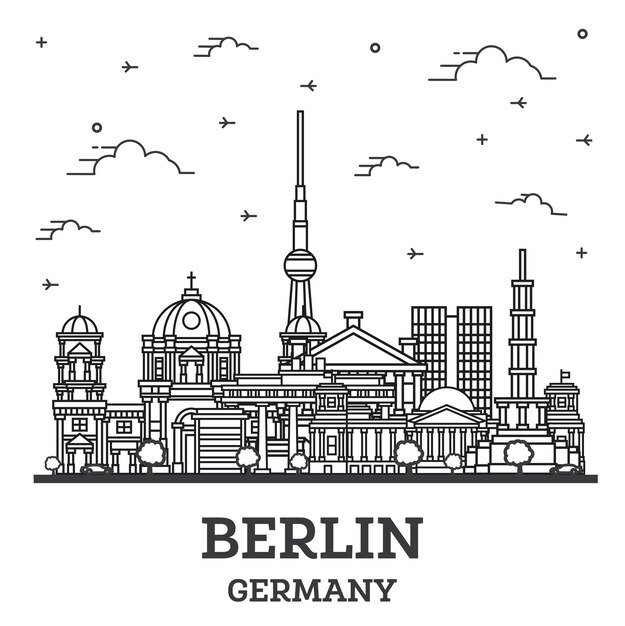 Outline Berlin Germany City Skyline with Historical Buildings Isolated on White