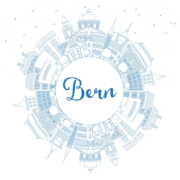 Outline Bern Switzerland City Skyline with Blue Buildings and Copy Space. Vector Illustration. Business Travel and Tourism Concept with Historic Architecture. Bern Cityscape with Landmarks.