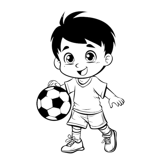 Outline Of boy with a soccer ball Football Line art coloring book illustration