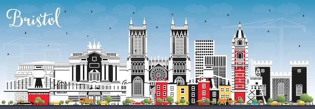 Outline Bristol UK City Skyline with Blue Buildings and Copy Space