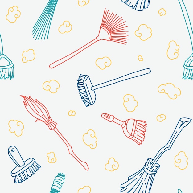 Outline Broom Dust Vector Hand Drawn Illustration Seamless Pattern Print Wallpaper Decorations