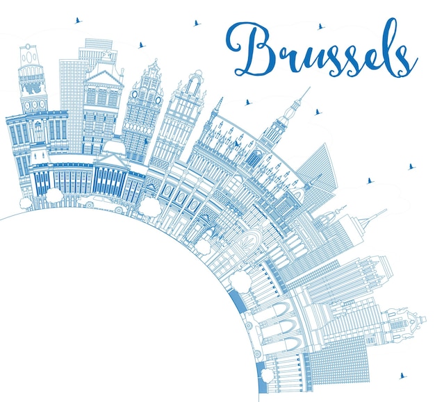 Outline Brussels Belgium City Skyline with Blue Buildings and Copy Space