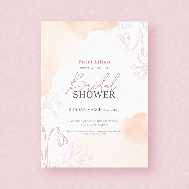 Outline of bud florals with watercolor splash on bridal shower invitation background