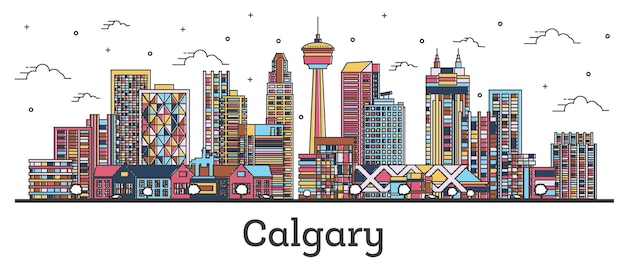 Outline Calgary Canada City Skyline with Color Buildings Isolated on White. Vector Illustration. Calgary Cityscape with Landmarks.