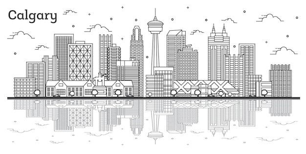 Outline Calgary Canada City Skyline with Modern Buildings and Reflections Isolated on White. Vector Illustration. Calgary Cityscape with Landmarks.