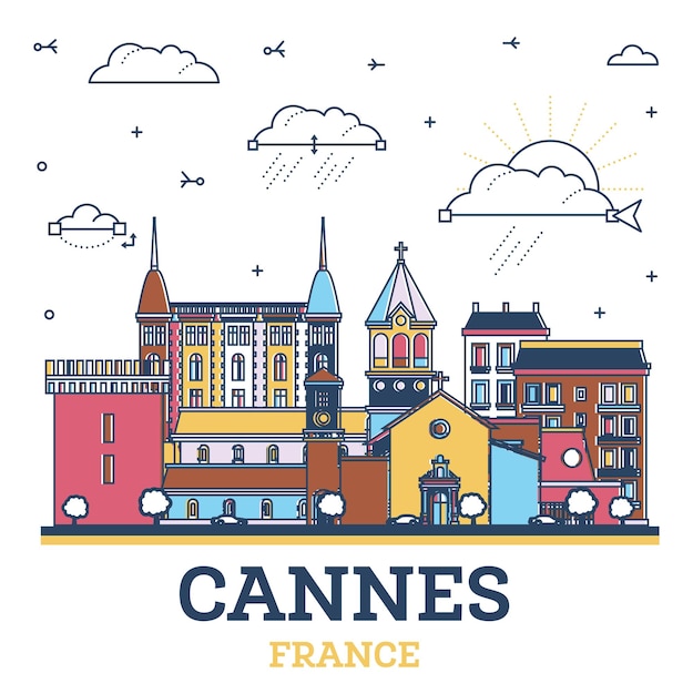 Outline Cannes France City Skyline with Colored Modern and Historic Buildings Isolated on White Cannes Cityscape with Landmarks