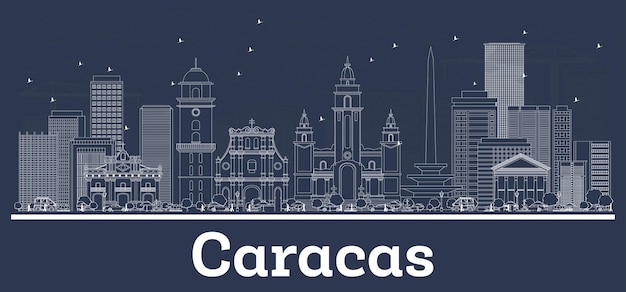 Outline Caracas Venezuela City Skyline with White Buildings. Vector Illustration. Business Travel and Tourism Concept with Historic Architecture. Caracas Cityscape with Landmarks.