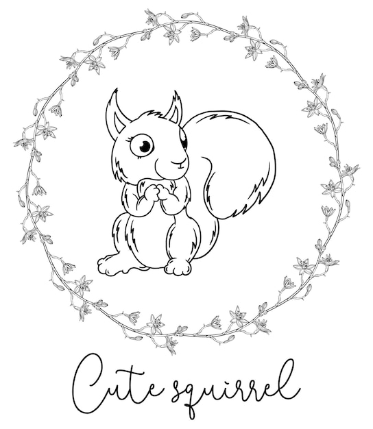 Outline cartoon illustration of a squirrel. Black and white drawing. Squirrel.