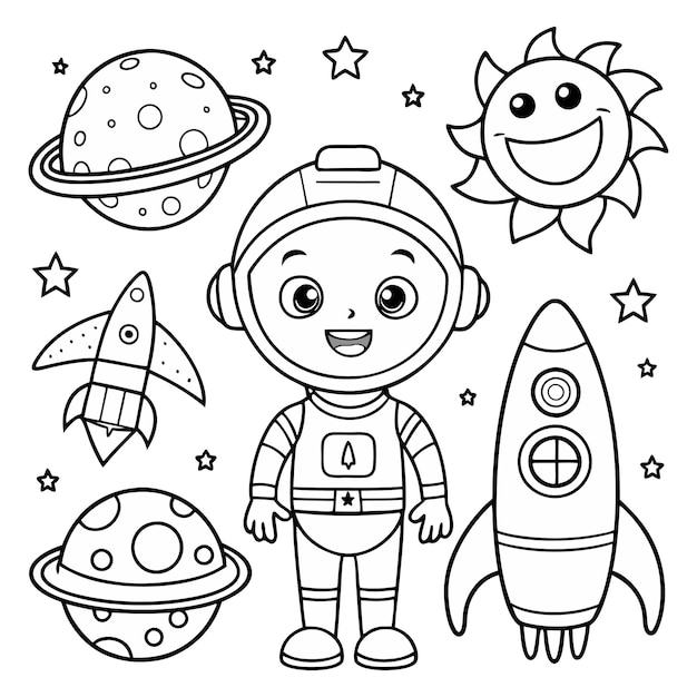 Vector outline of a cartoon rocket with astronaut in space coloring book for kids