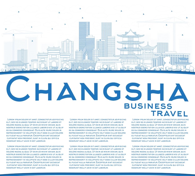 Outline Changsha China City Skyline with Blue Buildings and Copy Space. Vector Illustration. Business Travel and Tourism Concept with Modern Architecture. Changsha Cityscape with Landmarks.