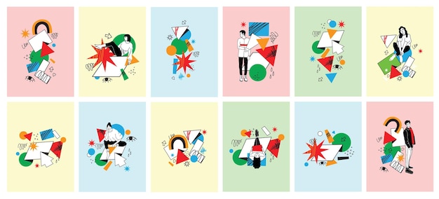 Outline characters people in different poses and various geometric shapes and colorful abstract figures Different mood positions Hand drawn vector illustration