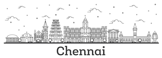 Outline Chennai India City Skyline with Historic Buildings Isolated on White. Vector Illustration. Chennai Cityscape with Landmarks.