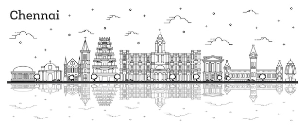 Outline Chennai India City Skyline with Historic Buildings and Reflections Isolated on White. Vector Illustration. Chennai Cityscape with Landmarks.