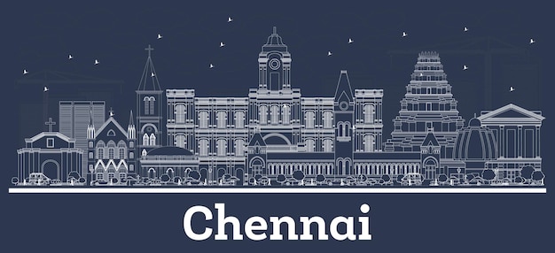 Outline Chennai India City Skyline with White Buildings. Vector Illustration. Business Travel and Tourism Concept with Historic Architecture. Chennai Cityscape with Landmarks.