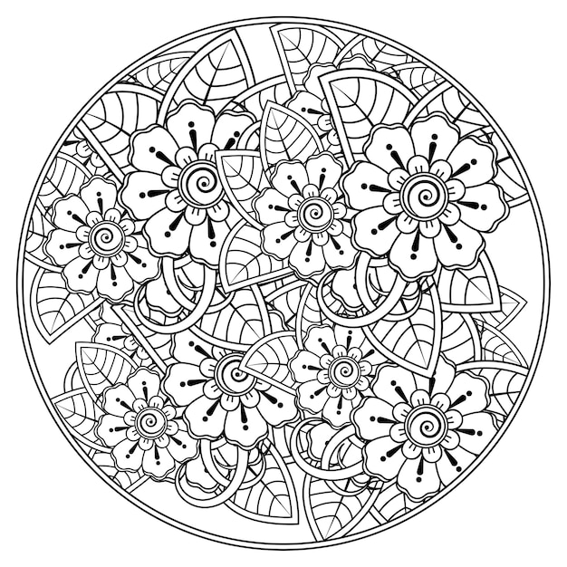 Outline circle flowers in mehndi style for coloring page doodle ornament in black and white hand draw