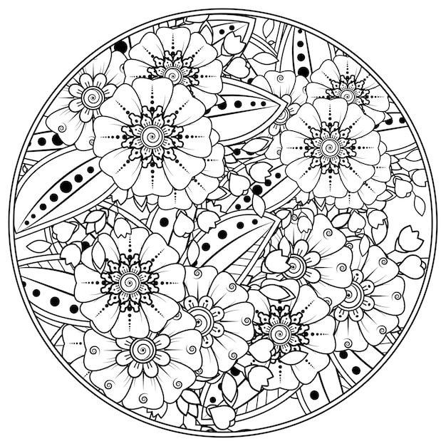 Outline circle flowers in mehndi style for coloring page doodle ornament in black and white hand draw