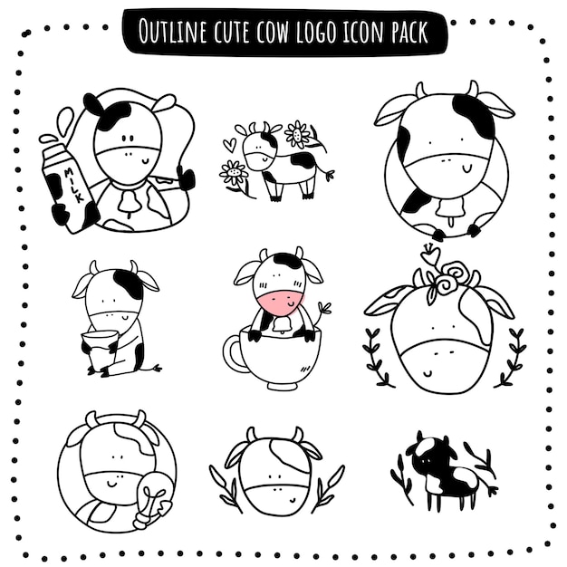 Outline cute cow logo icon pack