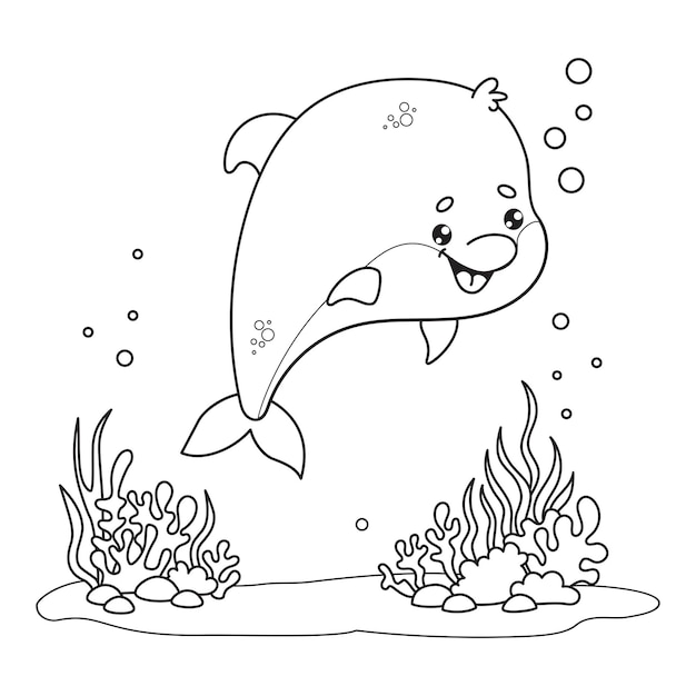 Vector outline cute dolphin underwater world with seaweed and cartoon animal line drawing coloring book