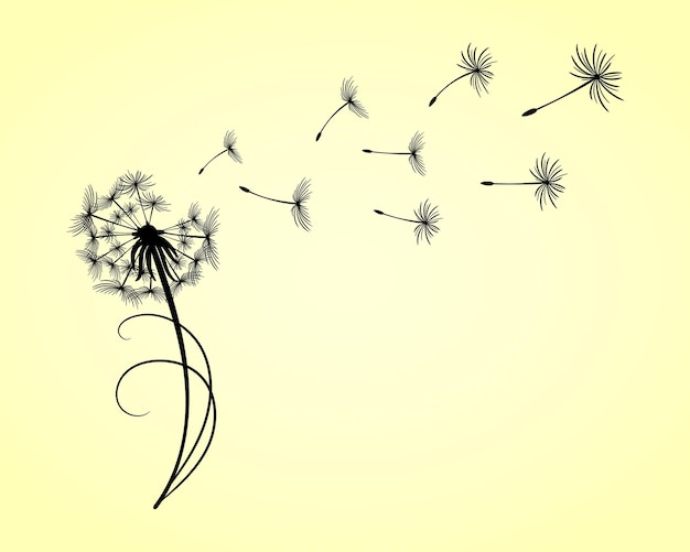 Vector outline dandelion with flying fluffs on a yellow background. illustration, print, vector