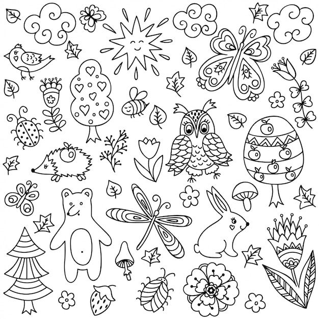 Outline decorative hand drawn elements in doodle childish style - animals and insects, trees and plants. Pattern for coloring book page.