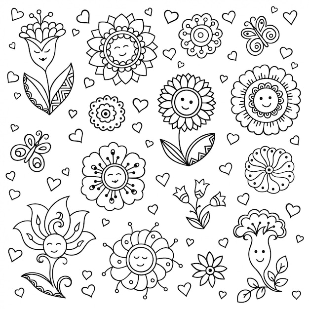 Outline decorative hand drawn elements in doodle childish style - flower and plants.