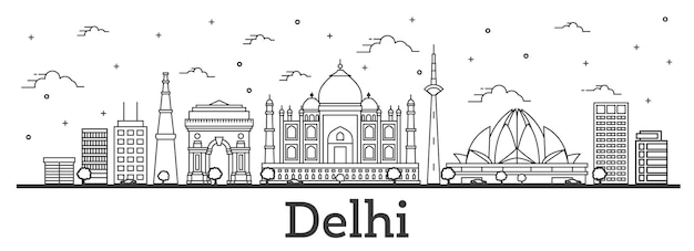 Outline Delhi India City Skyline with Historic Buildings Isolated on White. Vector Illustration. Delhi Cityscape with Landmarks.