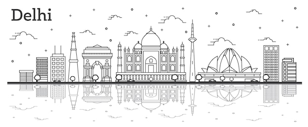 Outline Delhi India City Skyline with Historic Buildings and Reflections Isolated on White. Vector Illustration. Delhi Cityscape with Landmarks.