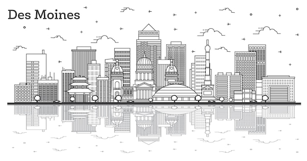 Outline Des Moines Iowa City Skyline with Modern Buildings and Reflections Isolated on White Vector Illustration Des Moines USA Cityscape with Landmarks