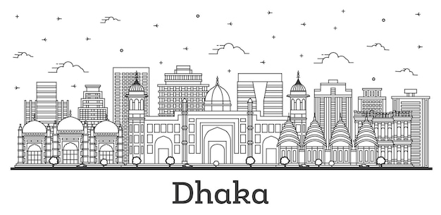 Outline Dhaka Bangladesh City Skyline with Historic Buildings and Reflections Isolated on White