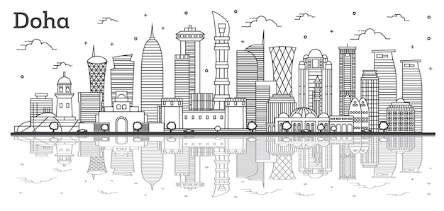 Outline Doha Qatar City Skyline with Modern Buildings and Reflections Isolated on White. Vector Illustration. Doha Cityscape with Landmarks.