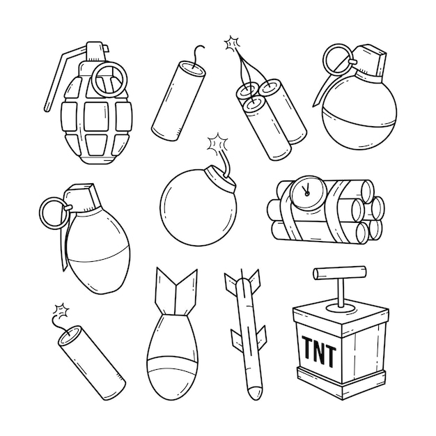 Outline doodle bomb and grenade objects sketch hand drawn vector graphic