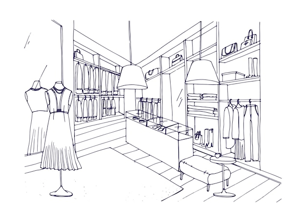 Outline drawing of fashionable clothing shop interior with furnishings, showcases, mannequins dressed in stylish apparel