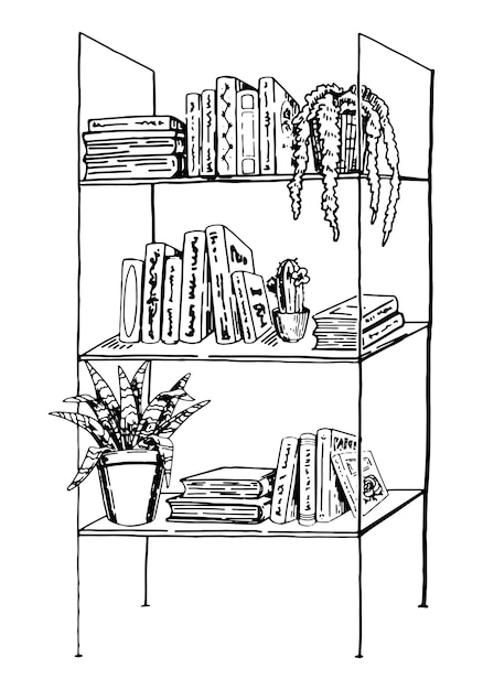 Outline drawing of home bookshelf Bookcase with books and houseplant Hand drawn vector illustration Engraving retro style clipart isolated on white background