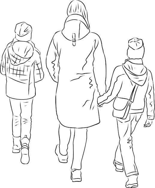 Outline drawing of mother with her children walking outdoors