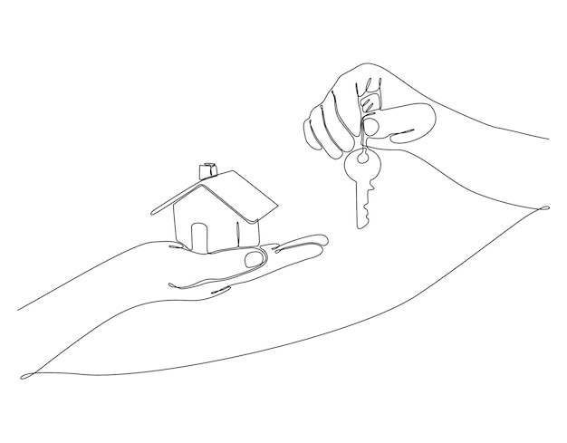 Outline drawing of sustainable house in hand with premium key vector