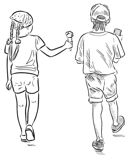 Outline drawing of two little children walking outdoors on summer day