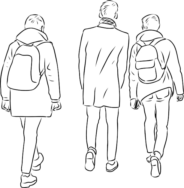 Outline drawings of students friends walking along street