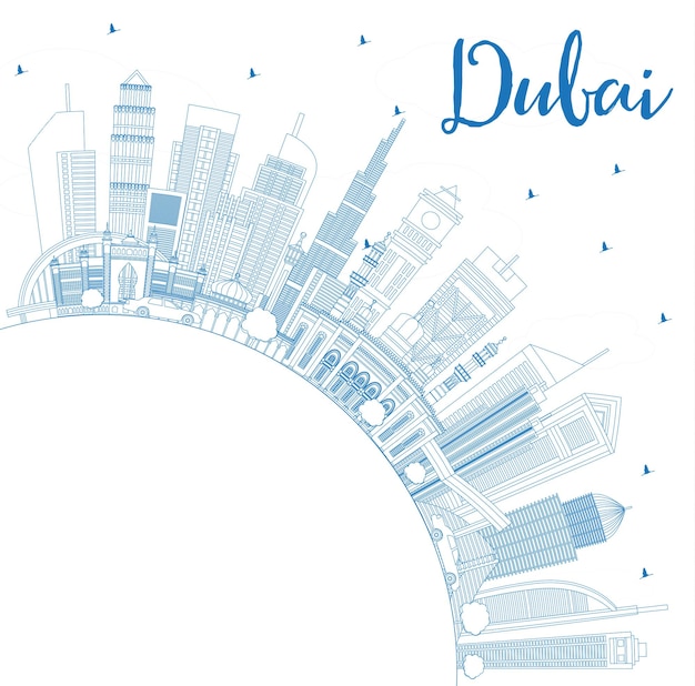 Outline Dubai UAE City Skyline with Blue Buildings and Copy Space. Vector Illustration. Business Travel and Tourism Illustration with Modern Architecture. Dubai Cityscape with Landmarks.